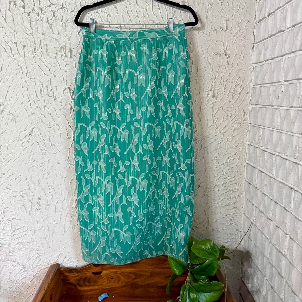 Vintage Green Sheer Embroidered Midi Skirt Floral Leaf Cottagecore Boho Small Md
